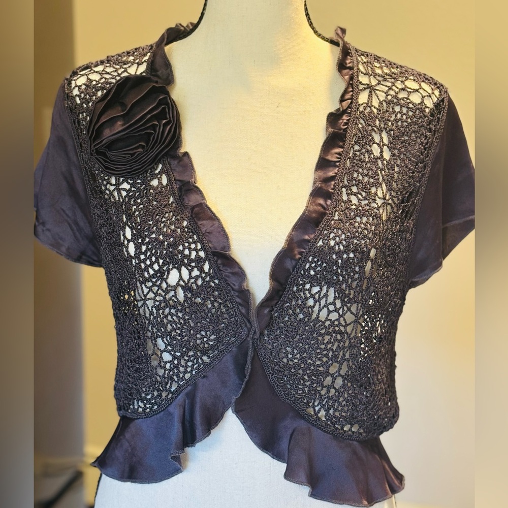 Marks & Spencer Gunmetal Silk Crochet Bolero with matching brooch. Size 8. EUC